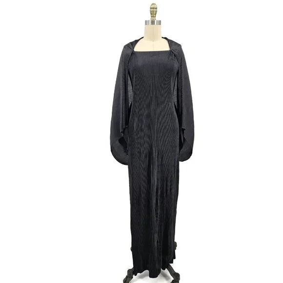 VTG Issey Miyake Black Pleated Maxi Dress Size 4 Attached Jacket Sleeves - Picture 2 of 15